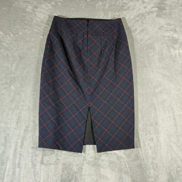 Express Skirt Womens 6 Blue Tartan Plaid Midi Lined Slit Blue Red Pencil Style - Picture 5 of 6